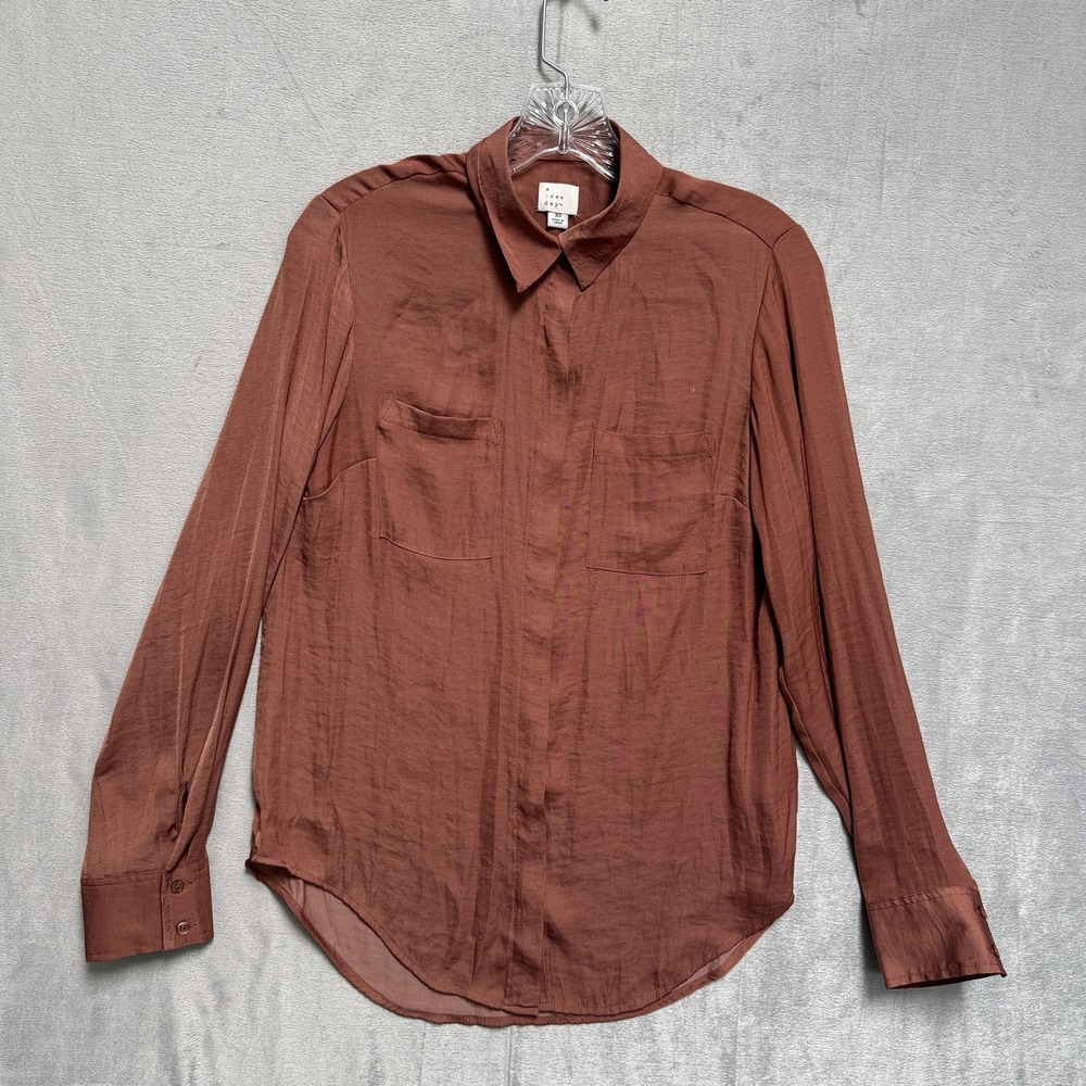 A New Day Shirt Womens XS Brown‎ Button Front Long Sleeve Collared Blouse